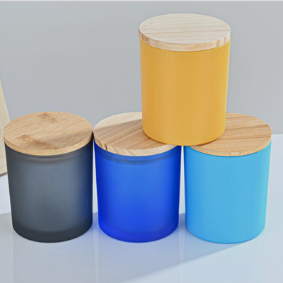 Dustproof Candle Jars With Wooden Lids , Multiscene Colored Glass Candle Jars